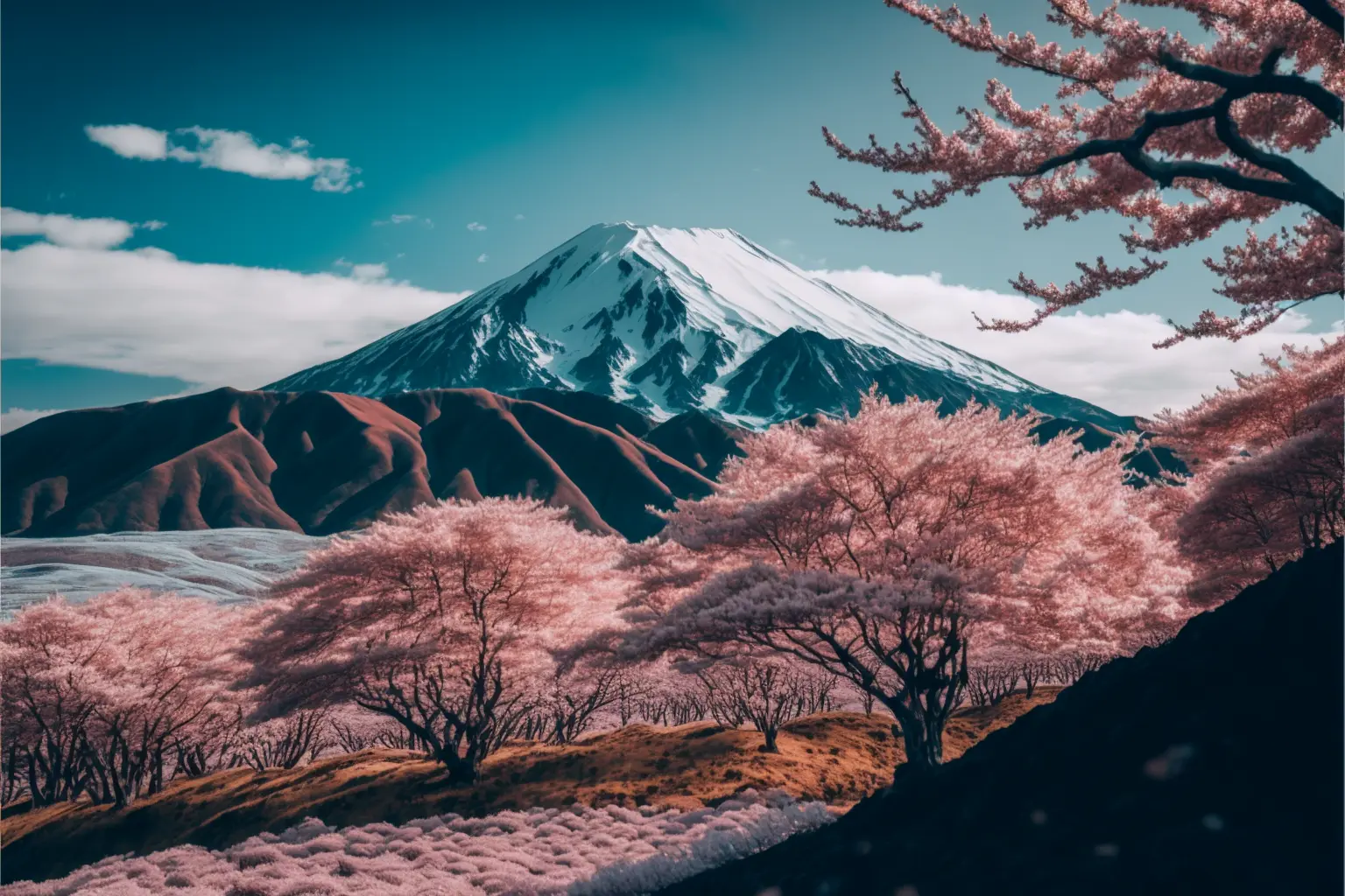 Mountain covered with pink cherry blossom trees in Hokkaido, Canon RF 16mm f:2.8 STM Lens, hyperrealistic photography, style of unsplash and National Geographic